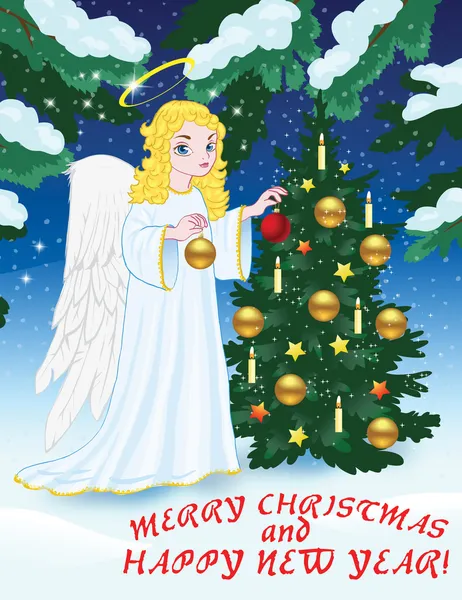 Christmas greetings with angel and Christmas tree — Vector de stoc